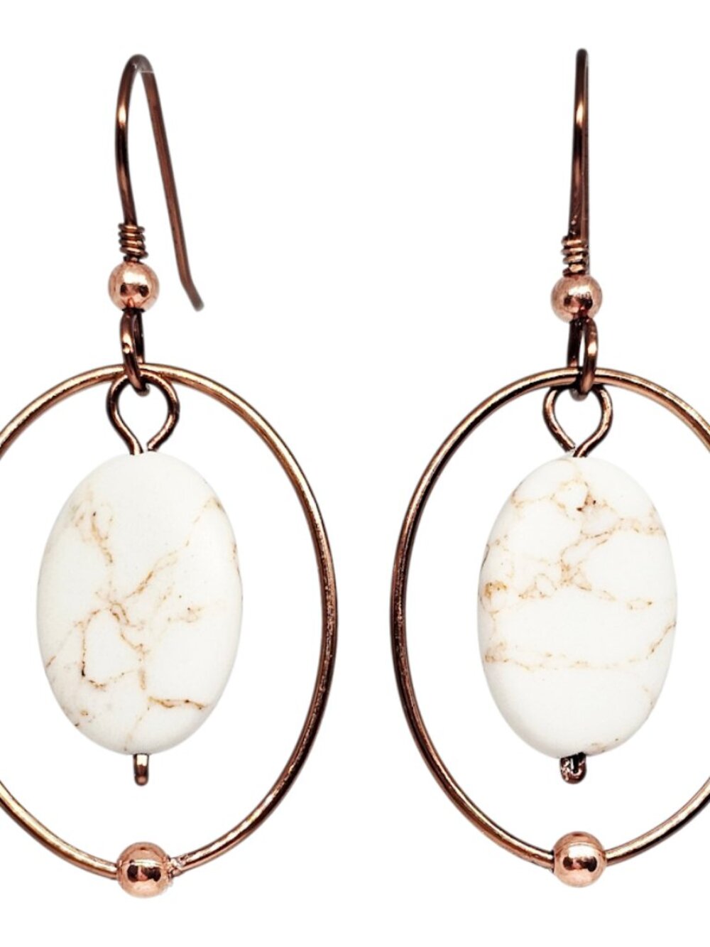 Handcrafted White Howlite Oval Gemstone Copper Hoop Dangle Earrings Boho Jewelry